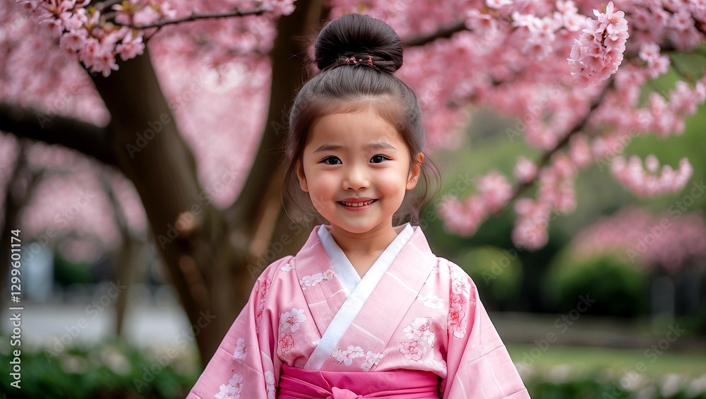 Little girl in pink kimono smiling by blossom tree Little girl in pink kimono smiling by blossom tree