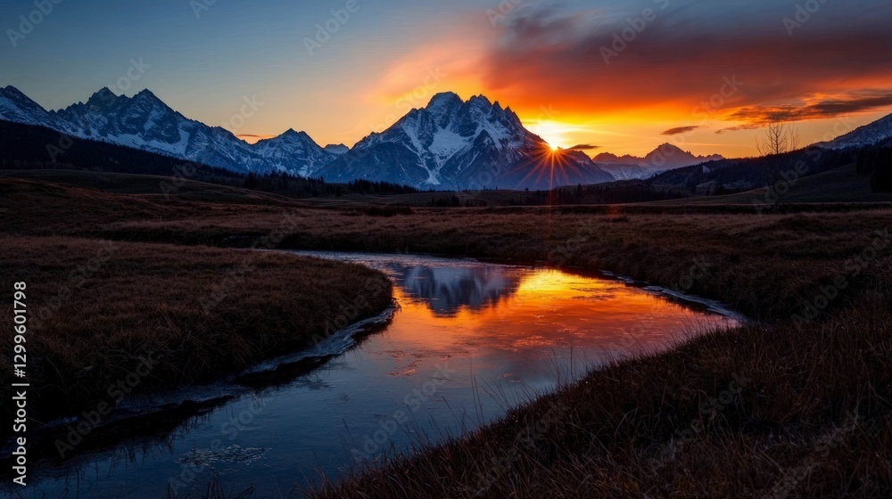 Fototapeta premium Majestic Sunset over Snow Capped Mountains and Serene River
