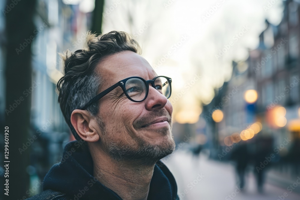 Portrait of a middle-aged man with glasses in the city.