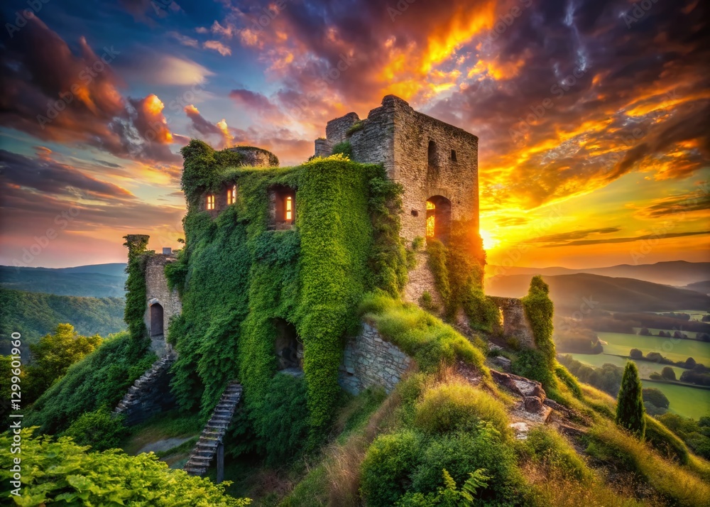 Fototapeta premium Majestic Ruins: Abandoned Ancient Castle at Sunset - Stock Photo