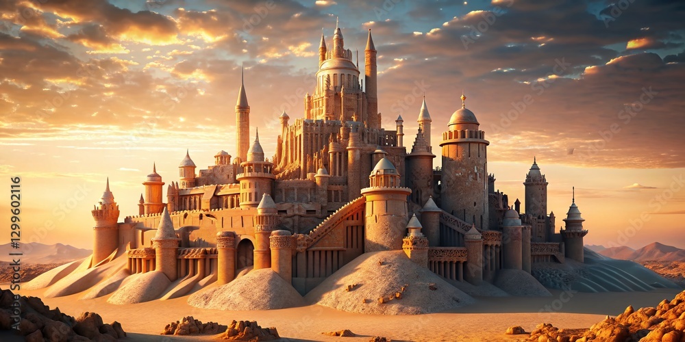Naklejka premium Majestic Sandcastle on Sandy Hill: Fantasy Architecture, Drawbridge, Towers, Summer Fun