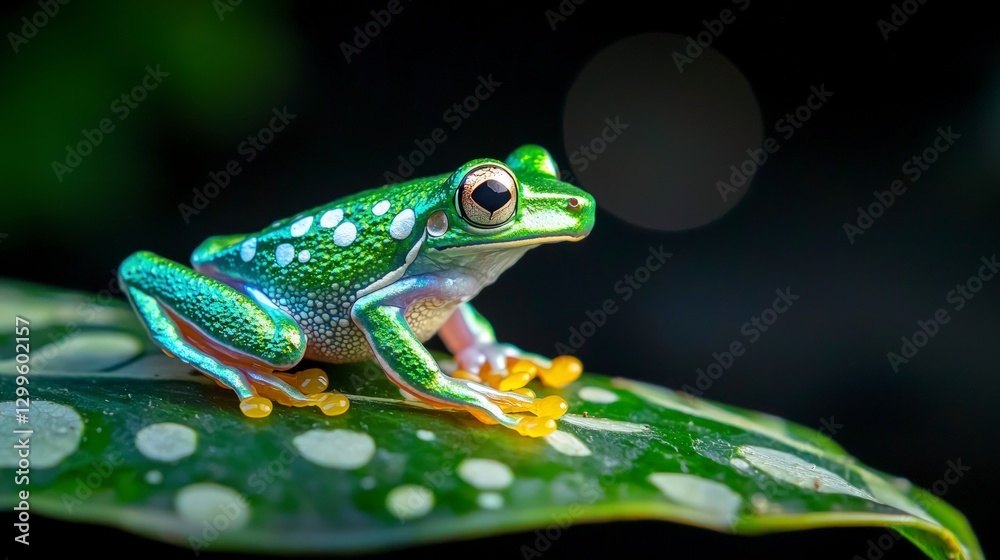 Naklejka premium Vibrant Green Tree Frog on Leaf Rainforest Amphibian Nature Photography