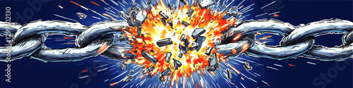 Explosive Break of Metal Chain Links Vector Image - Dynamic Illustration of Power and Strength in Breaking Chains with Burst of Energy and Flying Debris