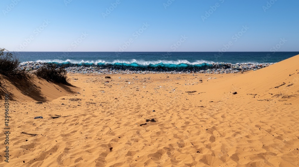 Ocean Plastic Wave Crashing on Sandy Beach Environmental Disaster Ocean Plastic Wave Crashing on Sandy Beach Environmental Disaster