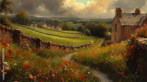 Picturesque English Countryside Landscape with Stone House, Vibrant Wildflowers, and Rolling Green Hills Under Clouded Sky - Perfect for Nature and Travel Enthusiasts