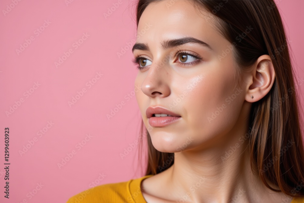 Fototapeta premium A close-up portrait of a young Caucasian woman with long brown hair and natural makeup, thoughtfully gazing to the side against a soft pink background, evoking tranquility and beauty.