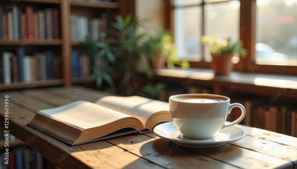 White coffee cup and open book on rustic table in bookstore light. White coffee cup and open book on rustic table in bookstore light.