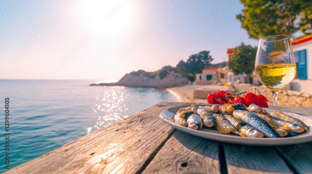 Obraz premium Coastal Dining Grilled Sardines White Wine Ocean View