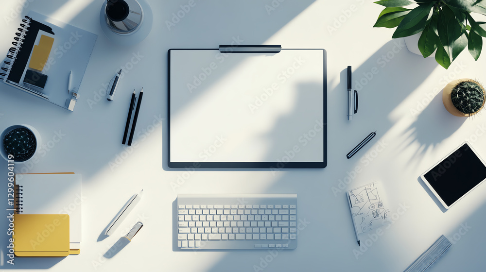Modern workspace setup with laptop, keyboard, and stationery. Modern workspace setup with laptop, keyboard, and stationery.