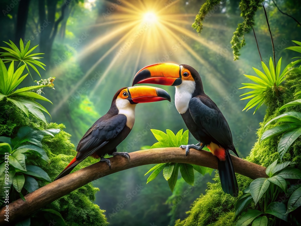 Naklejka premium Majestic Toucan Couple Perched on Lush Rainforest Branch - Drone Aerial View