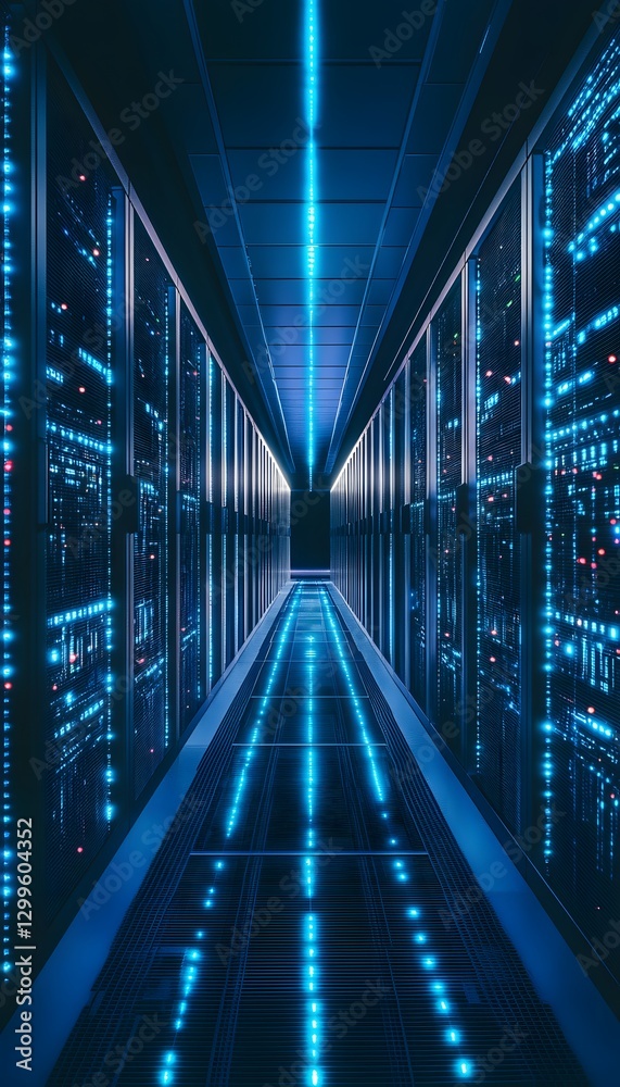 Long hallway in a server room with blue lights shining brightly Long hallway in a server room with blue lights shining brightly