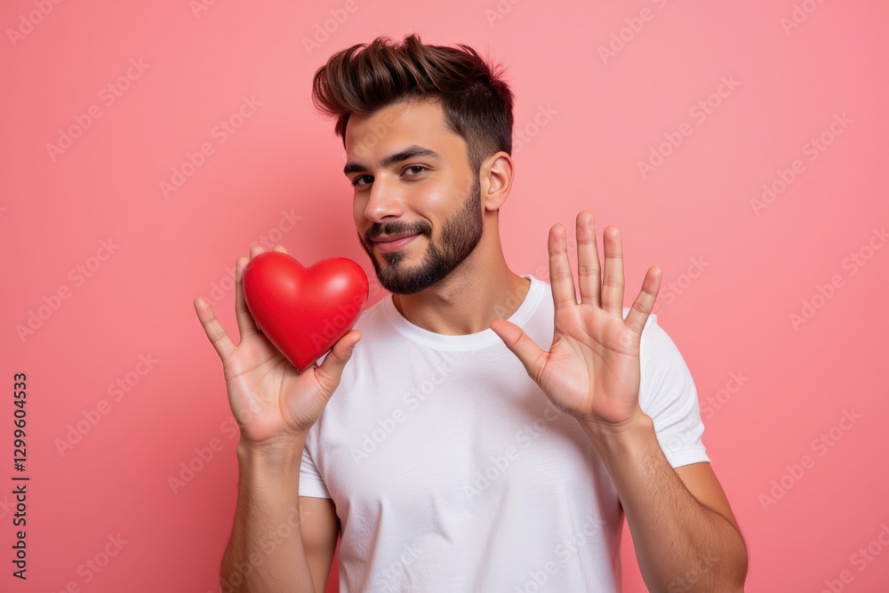 Attractive Adult Male in Casual White T-Shirt Holding a Red Heart-Shaped Object Against a Soft Pink Background, Exuding a Playful and Romantic Vibe