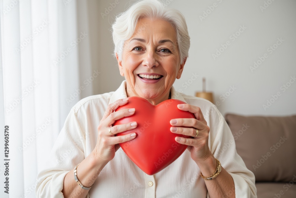 Cheerful Senior Woman Holding a Heart-Shaped Symbol of Love in a Cozy Indoor Setting, Exuding Happiness and Joy in a Bright, Welcoming Space Cheerful Senior Woman Holding a Heart-Shaped Symbol of Love in a Cozy Indoor Setting, Exuding Happiness and Joy in a Bright, Welcoming Space