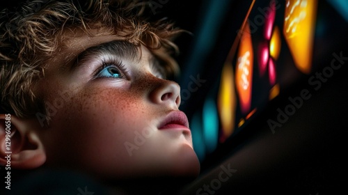 Immersive Gaming  Boy captivated by holographic display  vibrant neon lights  futuristic t