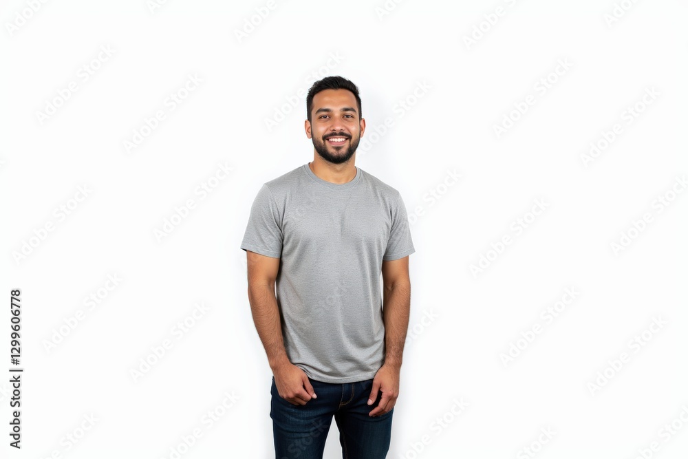 Smiling Hispanic Man in Casual Gray T-Shirt Posing Against White Background: A Cheerful Portrait of a Young Adult Male Showing Confidence and Approachability Smiling Hispanic Man in Casual Gray T-Shirt Posing Against White Background: A Cheerful Portrait of a Young Adult Male Showing Confidence and Approachability