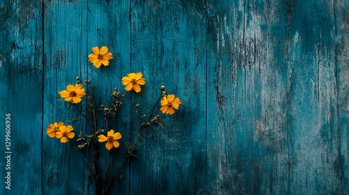 Minimalist Photography Backdrop featuring Yellow Flowers on a Rustic Blue Wooden Background, Elegant and Simple Design