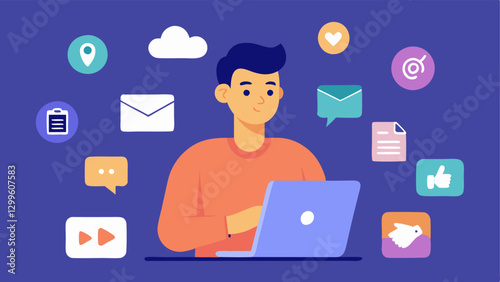 Social Media Prep A content creator crafting social media posts with a tablet surrounded by icons of social platforms and a virtual assistant aiding in optimizing the content.
