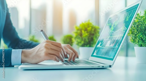 Businessman Analyzing Financial Data on Laptop, Stock Market Charts, Investment Strategy