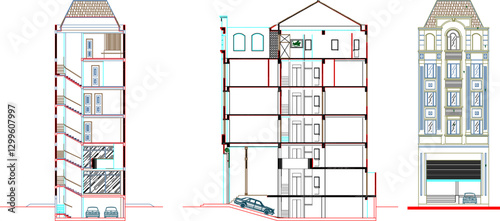 vector sketch illustration silhouette design of shophouse building for multi-storey residence
