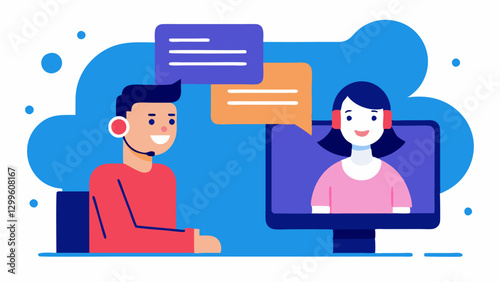 Tech Support Chat An illustration showing a trainer communicating with a client via instant messaging while showcasing helpful tips on a shared document.