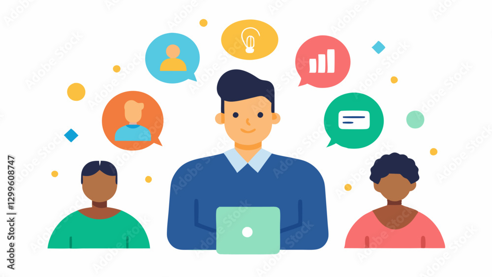 Team Collaboration The consultant leads a diverse team in a collaborative brainstorming session surrounded by colorful icons representing subscription benefits.