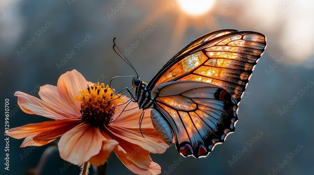 Fototapeta premium Golden Butterfly on Orange Flower Sunset Nature Scene