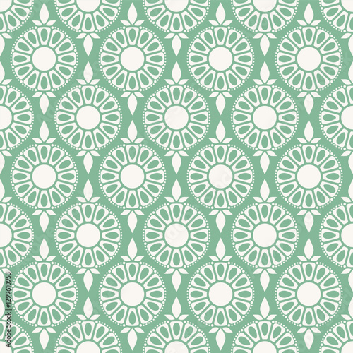 Art Nouveau Green and White Daisy Ogee Seamless Vector Repeat Pattern