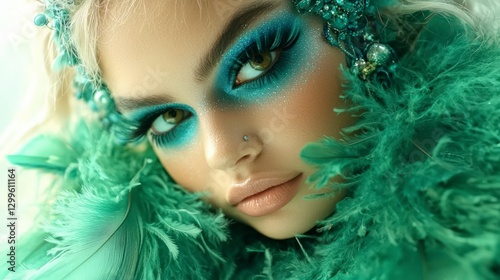 Wallpaper Mural Enchanting Woman  Teal Feather Boa  Blue Eye Makeup  Mystical Portrait Torontodigital.ca