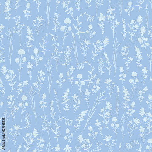 Dainty Blue Flower Silhouette Seamless Vector Repeat Pattern