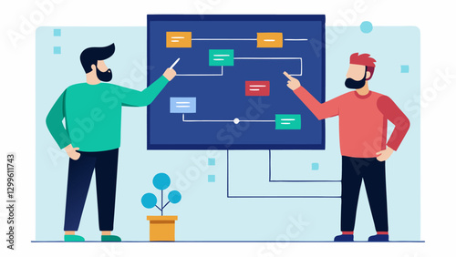 Technical Discussion Two developers engage in a discussion pointing to a large screen that displays technical diagrams and flowcharts for a new VR project.