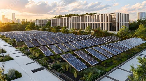 Sustainable Energy: Solar Panels on Green Roof of Modern Building in Urban Setting