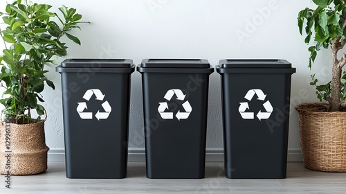 Three Black Recycling Bins with Green Plants - Sustainable Living
