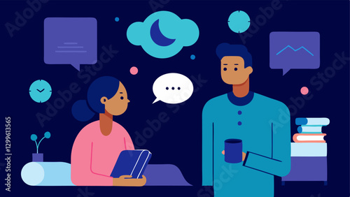 Sleep Hygiene Tips A professional discusses sleep hygiene practices with a client surrounded by icons of bedtime routines and techfree bedroom ideas like dim lights and books.