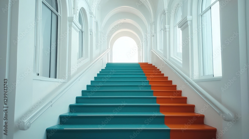 Fototapeta premium Modern Colorful Staircase Teal Orange Steps Bright Interior Archway Windows Light