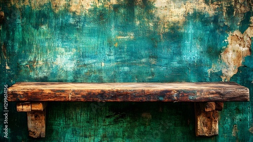 Rustic Wooden Shelf Against Teal Grunge Wall Background