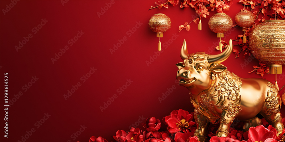 Obraz premium Golden Ox Statue on Rich Red Background for Lunar New Year Prosperity