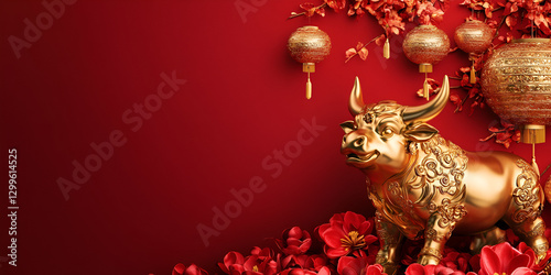 Wallpaper Mural Golden Ox Statue on Rich Red Background for Lunar New Year Prosperity Torontodigital.ca
