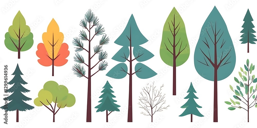 Colorful deciduous and coniferous trees set isolated on a white background, Design concept for a textbook, poster, banner. Simple flat style elements Colorful deciduous and coniferous trees set isolated on a white background, Design concept for a textbook, poster, banner. Simple flat style elements