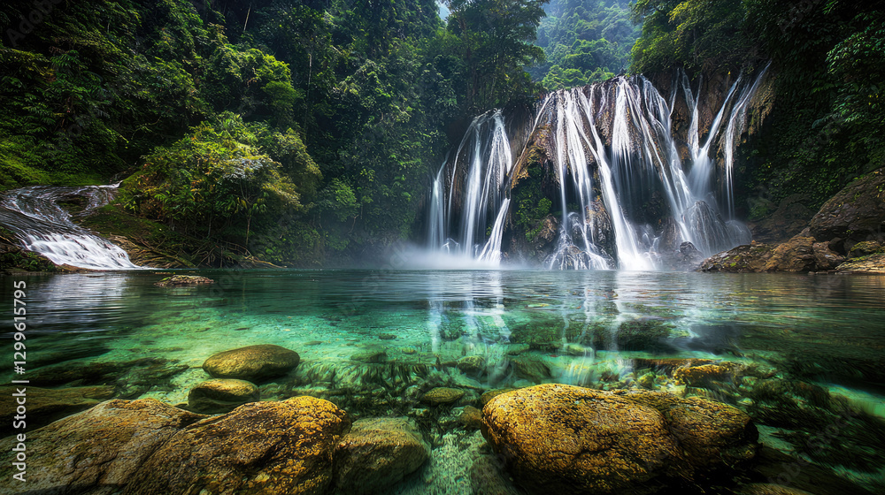 Fototapeta premium Serene waterfall cascading into a crystal-clear pool surrounded by lush greenery and rocks