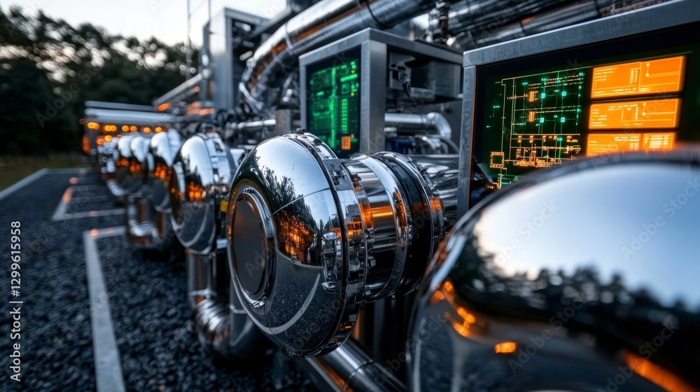 Fototapeta premium Futuristic Chrome Pipes Control Panels Industrial Technology Image