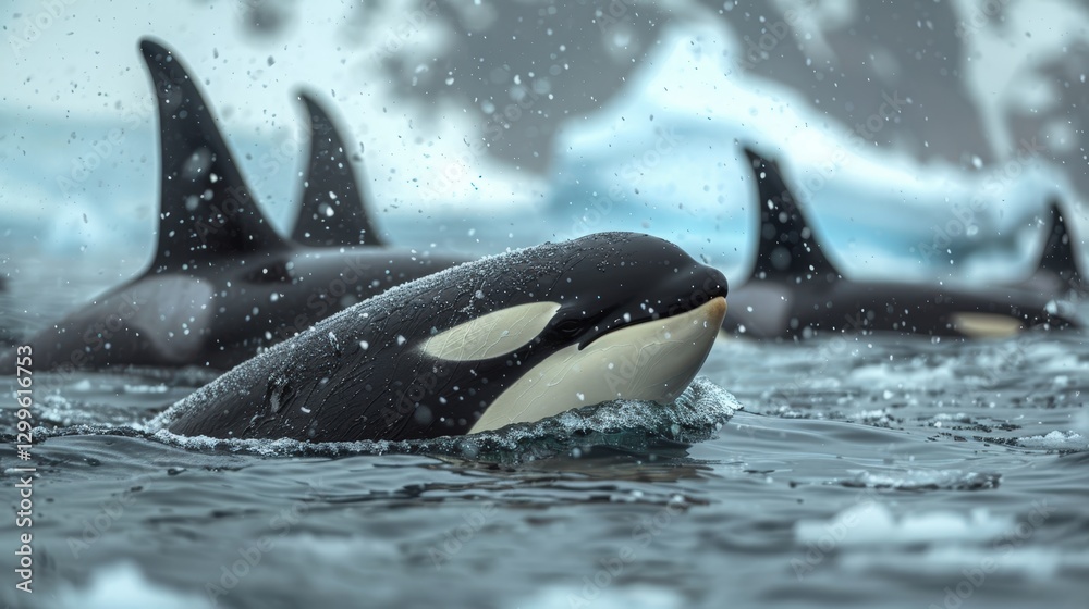 Obraz premium A pod of orcas gracefully swimming in icy Arctic waters amidst falling snow. The majestic killer whales navigate through the cold ocean,
