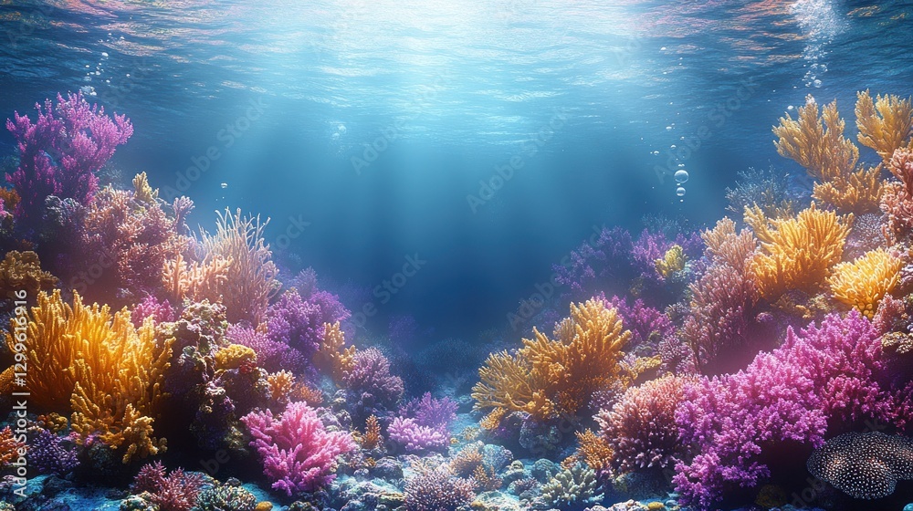 Vibrant coral reef underwater scene, ocean sunlight, background bubbles, marine life Vibrant coral reef underwater scene, ocean sunlight, background bubbles, marine life