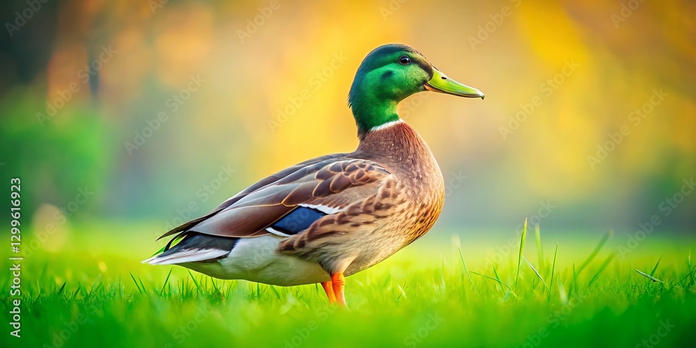Obraz premium Minimalist Duck on Green Grass - Peaceful Nature Stock Photo