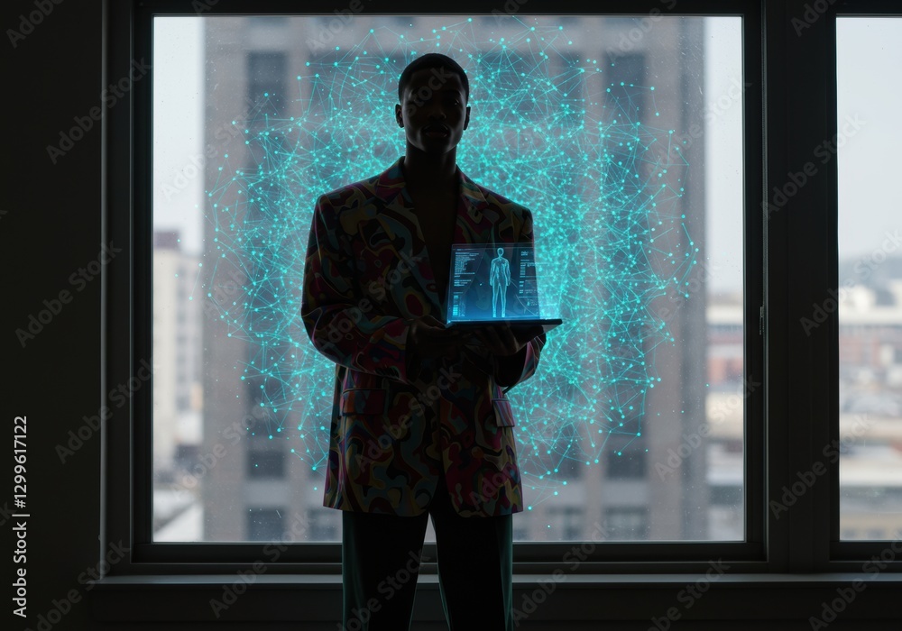 Silhouetted Man with Data in High-Rise Window