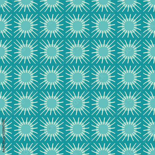 Blue Midcentury Sunburst Shapes Seamless Vector Repeat Pattern