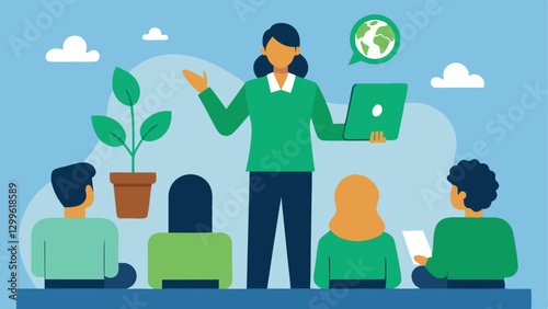 Sustainability Training An illustration of a consultant conducting a training session where employees learn about environmental policies and social responsibility with educational