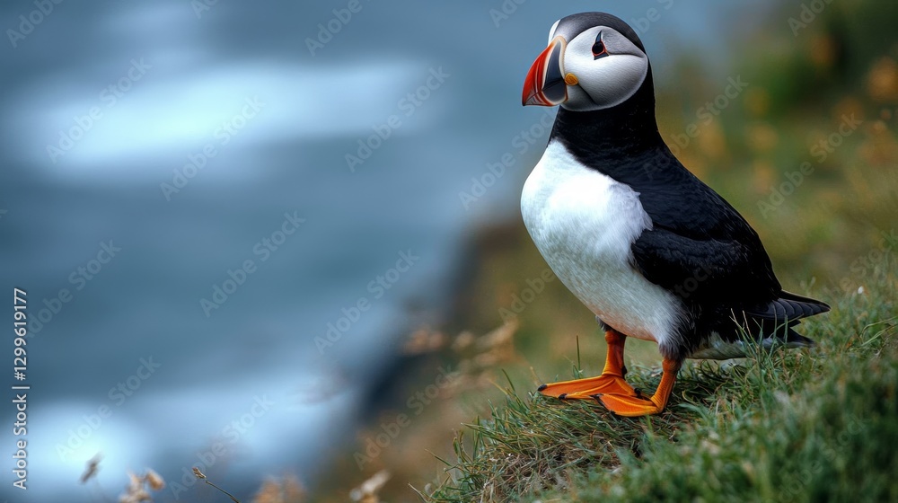 Naklejka premium Atlantic puffin standing on clifftop with ocean background.