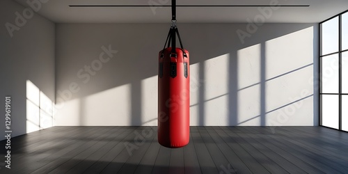 A red punching bag hanging in a minimalist gym with sunlight casting shadows on the floor, symbolizing strength training, boxing practice, fitness, and a focused workout environment
