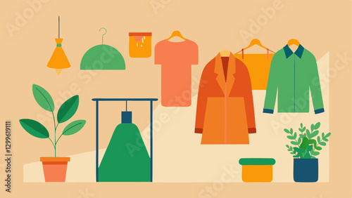 Sustainable Showroom A vibrant showroom with hanging garments made from organic materials decorated with potted plants reflecting a sustainable fashion environment.