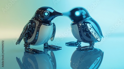 Two captivating metallic birds facing each other on a reflective surface, illuminated by soft blue lighting, creating a serene and futuristic atmosphere